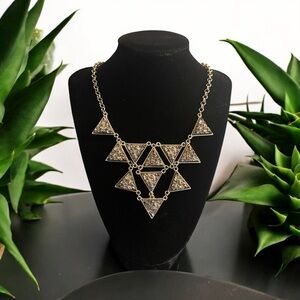 Vintage Statement Necklace Geometric Gold-Tone Triangle Design Glittering Accent